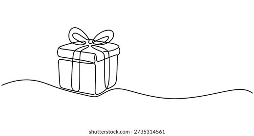 A single line drawing illustration of a present box with a bow on top, symbolizing a gift or special occasion. Vector, illustration