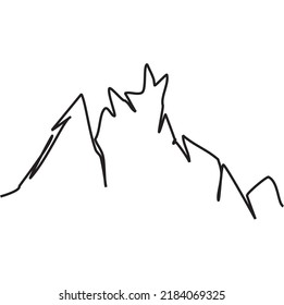 Single line drawing of Impregnable peaks. Mountain peak, rocky inaccessible rock. Hand drawn Mountains sketch landscape with hills . Line design. Vector illustration. Cards. Poster.