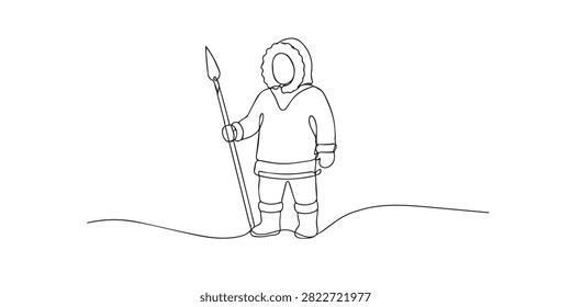 Single line drawing of an Inuit hunter. Continuous line drawing of a traditional Inuit hunter holding a spear while wearing Arctic clothing. Symbol of northern culture and survival. Vector illustration.