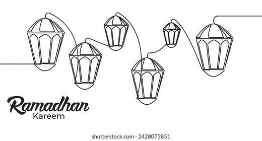 Dibujo de una sola línea de decoración islámica con linterna. Concepto de tarjeta de felicitación de ramadán kareem de una sola línea. Ilustración de vector