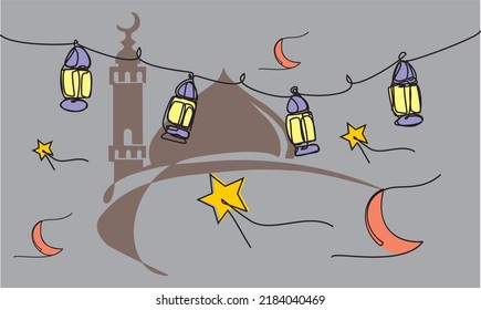 Single line drawing of islamic ornament with lanterns set, Crescent moons, stars and silhouette of the mosque. Eid Mubarok greeting card, Ramadhan Kareem poster, banner design. Editable eps. 10