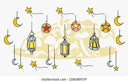 Dibujo de línea única de ornamento islámico con linternas, lunas de media luna, estrellas y silueta de MONT ARAFAT - JABAL RAHMAH. Tarjeta de saludo de Eid Mubarok, afiche de Ramadhan Kareem, diseño de pancartas. Eps 10