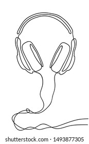 Single line drawing isolated on a white background. Headphones with a wire for listening to music.