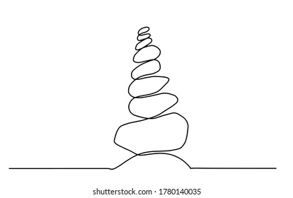 single line drawing of isolated vector object - rock balancing. One line drawing of a pile of flat stones Zen rock balancing. Concept of peace.