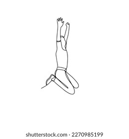 Single line drawing of jumping man. Linear hand drawn doodle on white background
