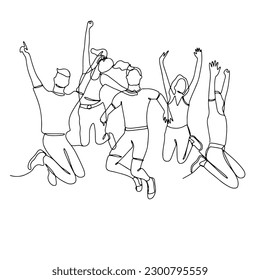Single line drawing of jumping people, men and women. Linear hand drawn doodle on white background