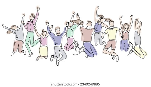 Single line drawing of jumping people, men and women with pastel abstract shapes. Linear hand drawn doodle on white background