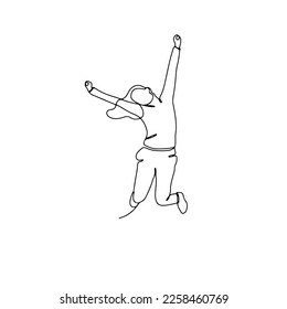 Single line drawing of jumping woman. Linear hand drawn doodle on white background
