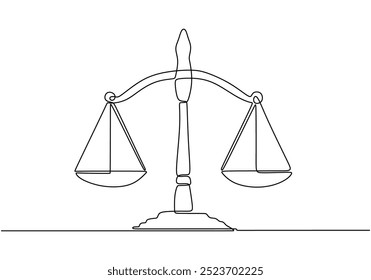 Dibujo de una sola línea de una escala de justicia. Representación minimalista de equidad y equilibrio. Ilustración vectorial.