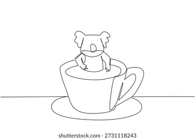 Einzeilige Zeichnung von Koala zeigt süße Australien Tier Einweichen in warme Kaffeetasse für Naturkonzept. Einzigartiges Design bietet die wilde Kreatur für ein internationales Café-Tag-Thema in minimalistisch