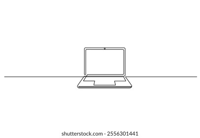 Single line drawing of laptop gadget isolated on white background, Abstract  One line drawing of laptop gadget, Continuous line drawing of a computer monitor. Linear background of laptop sign.