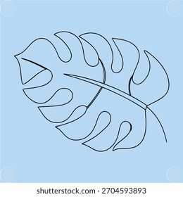 Single line drawing large monstera leaf light blue plant tropical