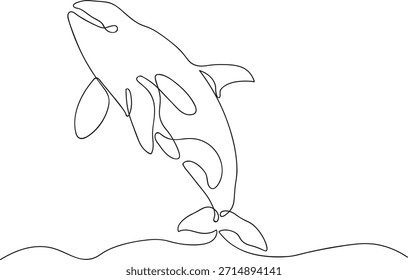 Desenho de linha única de uma baleia orca killer saltando