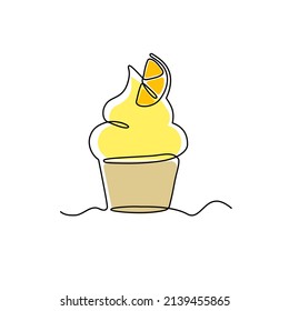 Single line drawing of lemon cupcake, as a template, product label, banner or poster, national cupcake day. vector illustration.