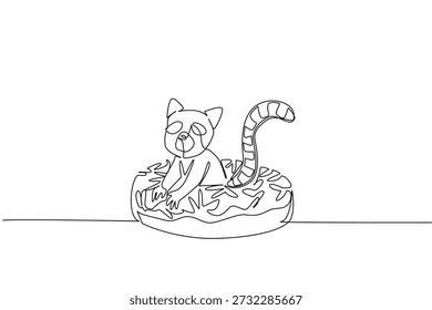 Einzeilige Zeichnung von Lemur zeigt niedliche Tier sitzen in süßen Donut für Backwaren Food-Konzept. Einzigartiges Design verfügt über abgestreifte Schwanz Primat für Kinder Wand Dekoration Zweck in minimalistischen Stil Kunst