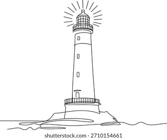 Dibujo de una sola línea de un faro en una isla rocosa