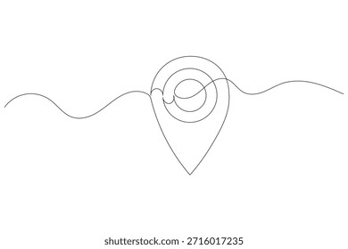 Einzeiliges Zeichnen eines Positionsstiftes, das Navigation, Karte und Ort darstellt.