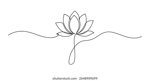 A single line drawing of a lotus flower isolated on white background