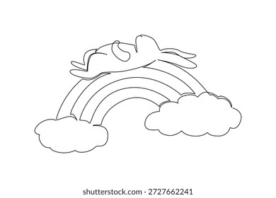 Dibujo de una sola línea de conejo adorable mascota extendido en su espalda, dormido supino pacíficamente en un arco arco iris colocado entre nubes suaves. Ilustración de concepto de Naturaleza para el Día Internacional del Conejo