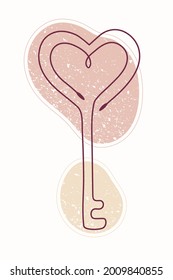 Dibujo de una sola línea de la clave de amor con manchas de color texturizadas. Estilo de la línea dibujada a mano por vectores. Fondo texturizado
