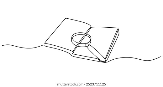 Desenho de linha única de uma lupa sobre um livro aberto. Representação minimalista da pesquisa e do conhecimento. Ilustração vetorial.