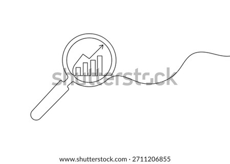 Single line drawing of magnifying glass over bar chart and arrow