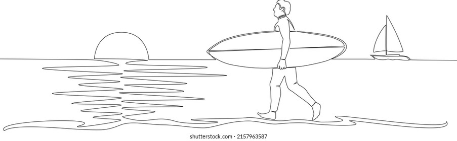 single line drawing of man carrying surfboard on beach, line art vector illustration