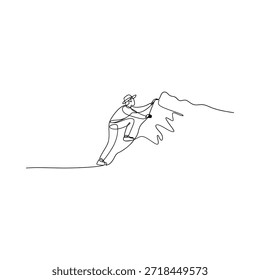 Um único desenho de linha de um homem escalando uma montanha íngreme