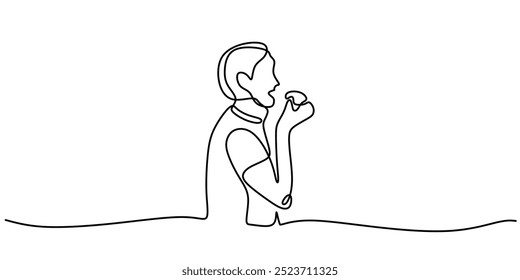Dibujo de una sola línea de un hombre comiendo. Ilustración minimalista relacionada con la comida. Ilustración vectorial.