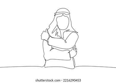 A single line drawing of a man hugging himself. man wearing robe and turban style of a muslim dress in vector illustration. Muslim businessmen in the era of technology. continuous line drawing design