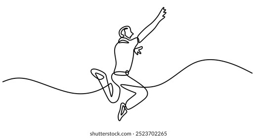 Single line drawing of a man jumping high. Minimalist representation of physical activity and vigor. Vector illustration.