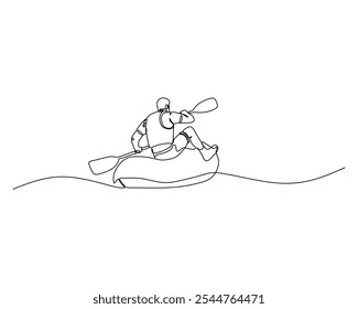 single line drawing of a man kayaking, paddling through calm waters. The minimalist style of the outdoor activity with simplicity and fluid motion