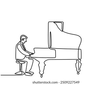 Single line drawing of a man playing a classical piano. Depicts the music instrument in a minimalist one-line art style.