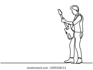 Single line drawing of a man playing an electric guitar. Depicts the music instrument in a minimalist hand-drawn vector style.