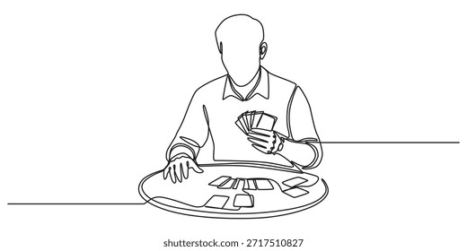  einzeilige Zeichnung eines Mannes, der Tischkartenspiele spielt, die Kreativität symbolisieren. Highlights Geschäftskonzept Internationaler Tabletop Day.