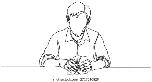  single line drawing of a man playing tabletop card games, symbolizing creativity. Highlights business concept International Tabletop Day event.