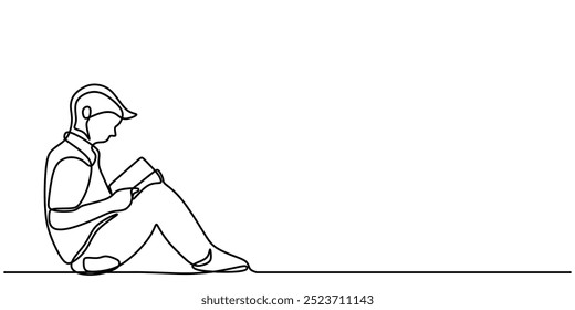 Single line drawing of a man reading a book. Minimalist design representing knowledge and focus. Vector illustration.