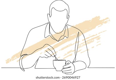 Línea única dibujando un hombre sentado agitando una taza de café con Vector texturizado beige