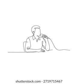A single line drawing of a man speaking into a microphone at a table