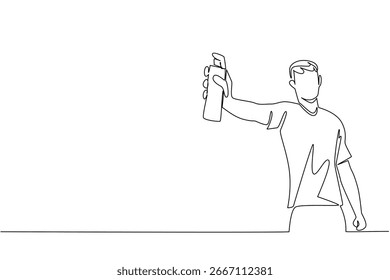 Single line drawing of a man spraying insect repellent around his house, health concept, international theme for Insect Repellent Awareness Day, minimalist style showing environment protection.