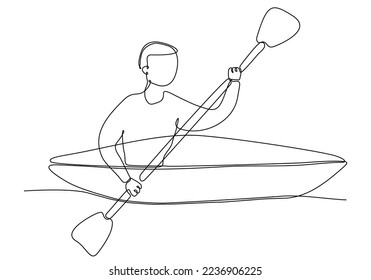 
single line drawing man standing in boat, sailing with wooden boat planks