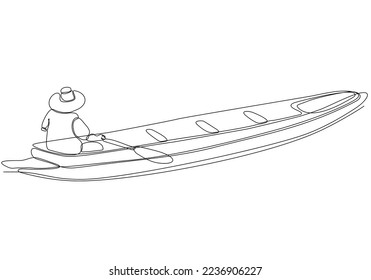 
single line drawing man standing in boat, sailing with wooden boat planks