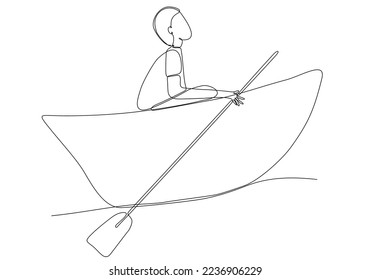 
single line drawing man standing in boat, sailing with wooden boat planks