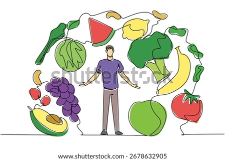 Single line drawing of a man standing surrounded by fruits and vegetables, representing nutrition balance. Man health concept for Eat Flexitarian Day theme.