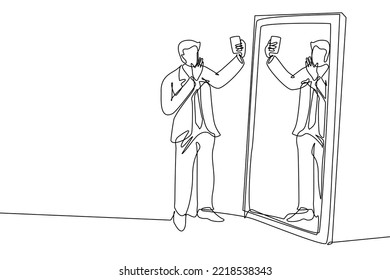 A single line drawing A man stands taking a selfie with his cellphone in front of a mirror and in the mirror is his reflection. selfie in vector illustration. Modern continuous line drawing design