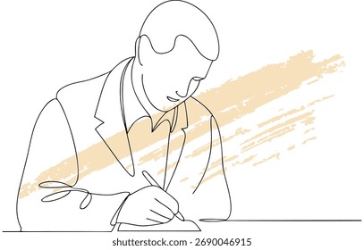 Single line drawing a man in a suit writing with a pen paper desk