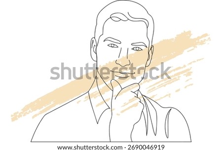 Single line drawing a man thinking with beige abstract brush strokes male contemplation