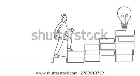 Single line drawing of a man walking on stairs made of books toward a floating light bulb, continuous line art concept of creativity and finding solutions through reading eps