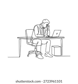 Un dibujo de una sola línea de un hombre que trabaja intensamente en un escritorio portátil