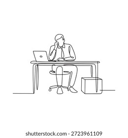 Un dibujo de una sola línea de un hombre que trabaja en un escritorio con una computadora portátil